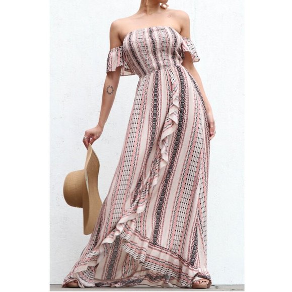 Boho Gypsy Peasant Smocked Off Shoulder Ruffle Maxi Dress Sundress - Picture 1 of 6